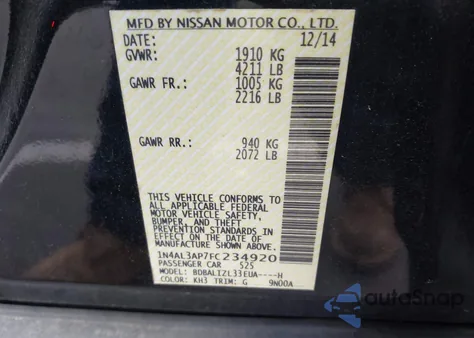 2015 Nissan Altima 2.5 Sv z USA, uszkodzony, nr VIN 1N4AL3AP7FC234920